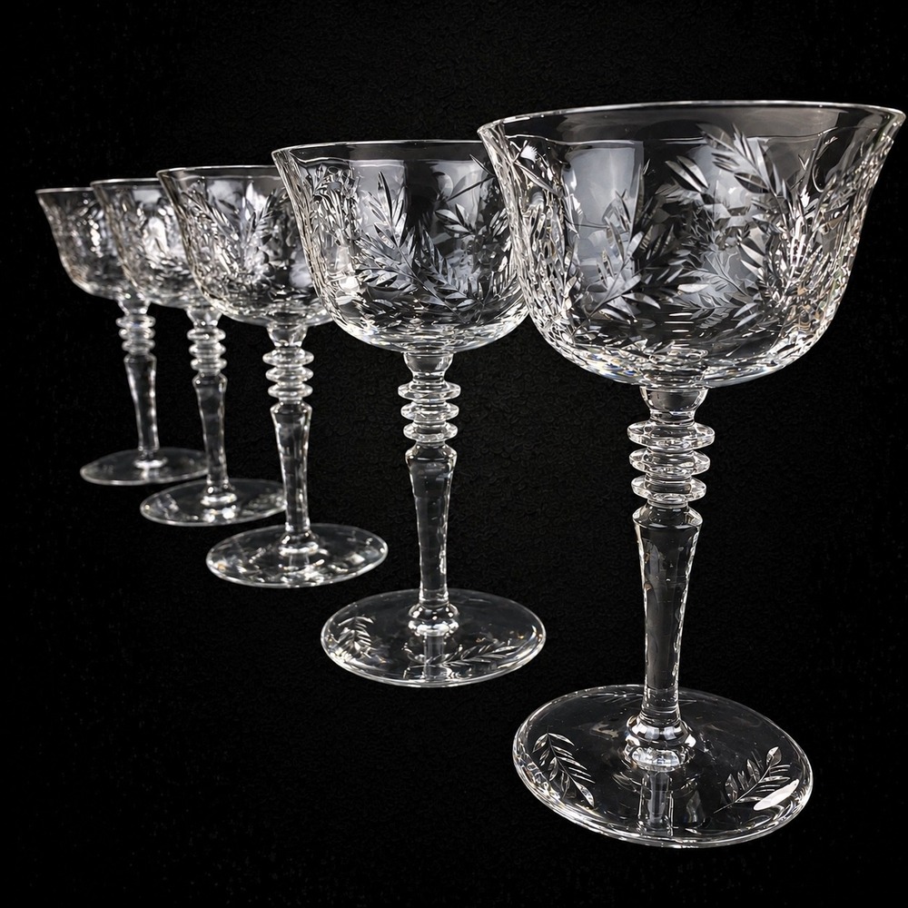 Rock Sharpe 2010-2 Champagne Coupes Set 5 Cut Floral Stacked Faceted Stem 1930s